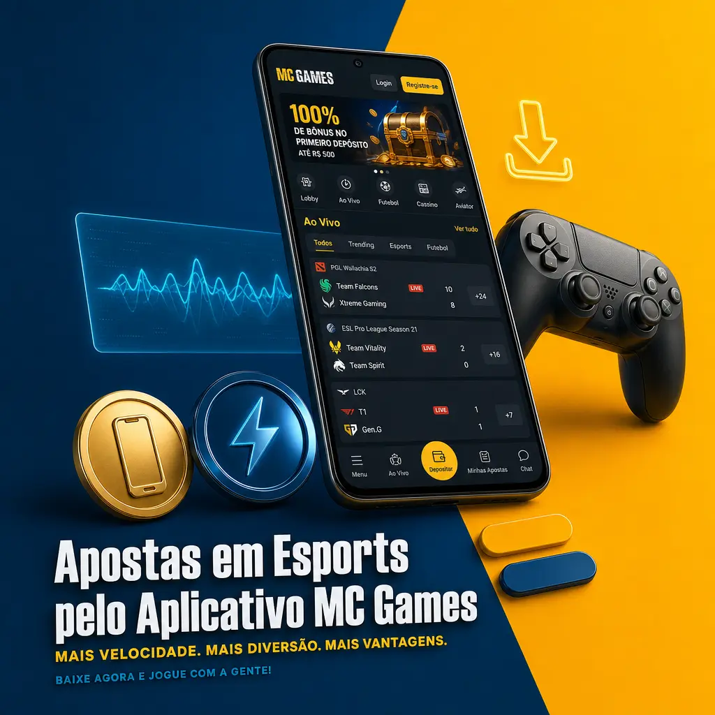 Apostas ao vivo em Esports no app MC Games, com odds atualizadas e transmissão integrada de CS2, LoL e Valorant.