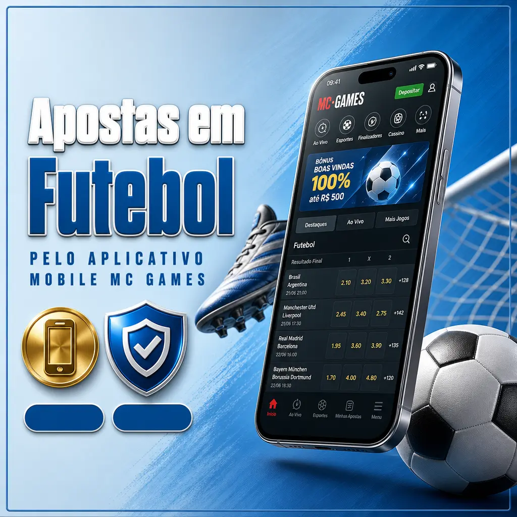 Apostas em futebol no aplicativo mobile MC Games, com odds ao vivo e placar atualizado durante a partida.