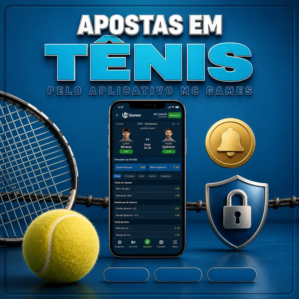 Apostas em tênis no aplicativo MC Games, mostrando jogos do dia e opções de apostas ao vivo com odds atualizadas.