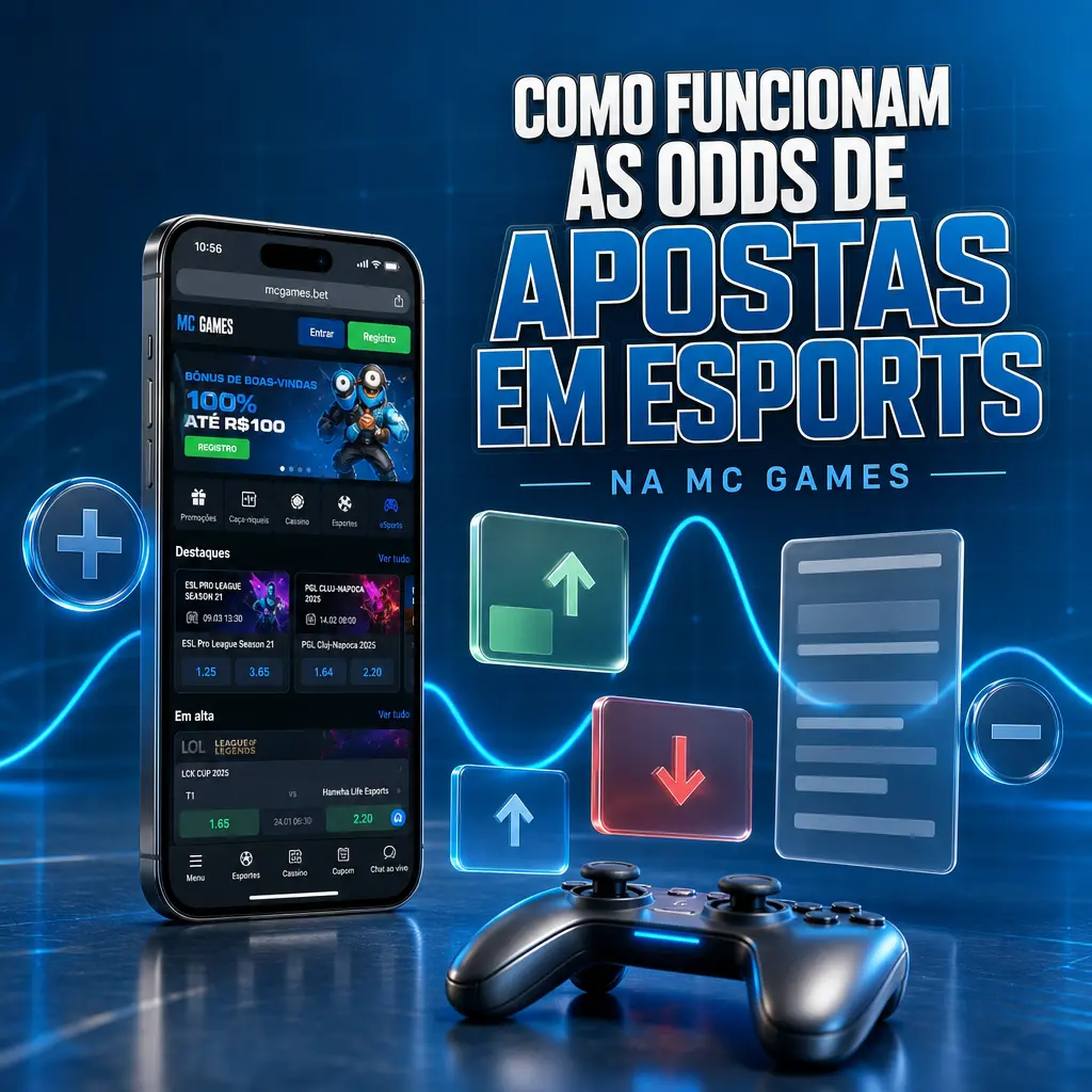 Ilustração explicando como funcionam as odds de apostas em esports na MC Games, incluindo cálculo de retorno e apostas múltiplas