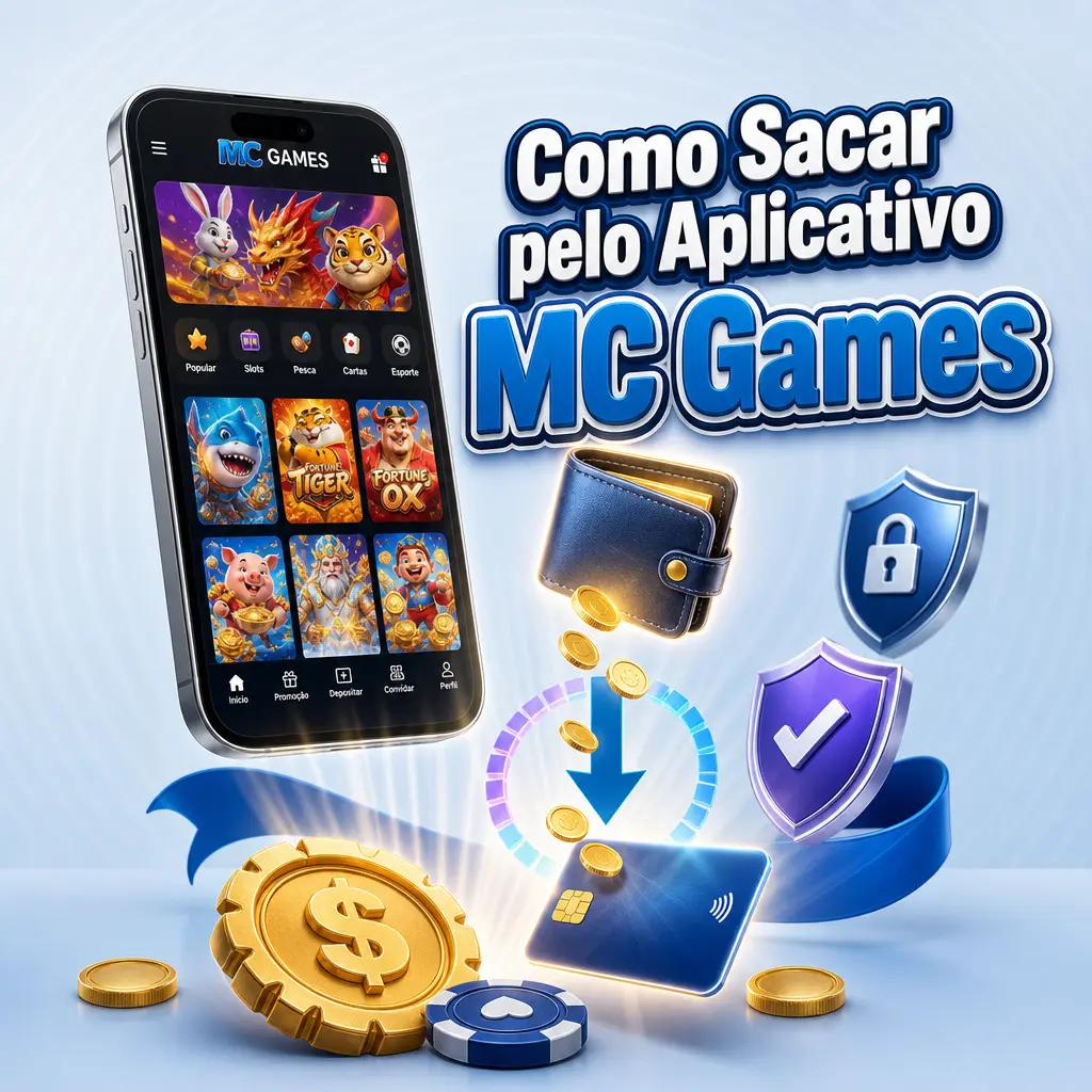 Tela do aplicativo MC Games mostrando o menu Saque com opções PIX, transferência bancária e confirmação por biometria.