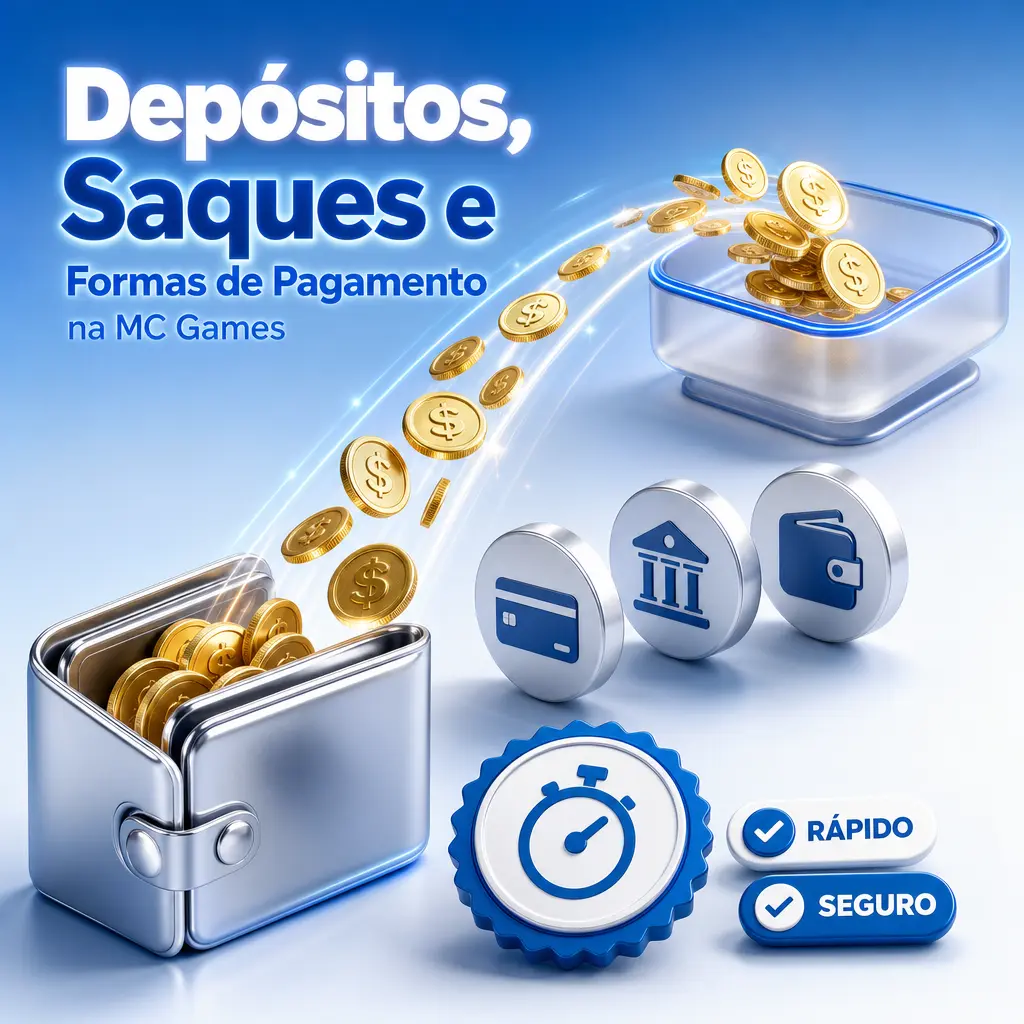 Depósitos e saques na MC Games via Pix, cartão de crédito e transferência bancária, com processamento rápido e seguro.