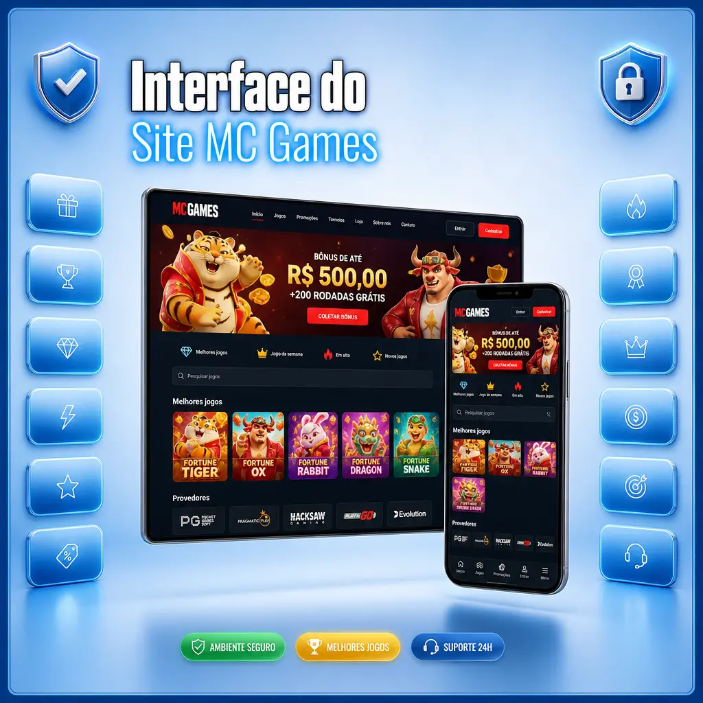 Menu superior do site MC Games com abas de Esportes, Ao Vivo, Cassino, Cassino ao Vivo e Promoções