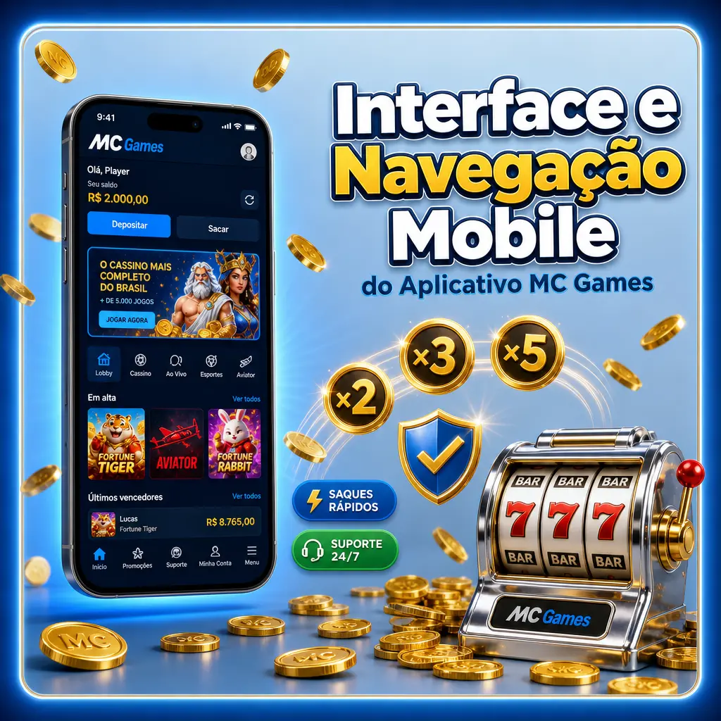 Interface mobile do MC Games com menu inferior: Esportes, Cassino, Cassino Ao Vivo e Perfil