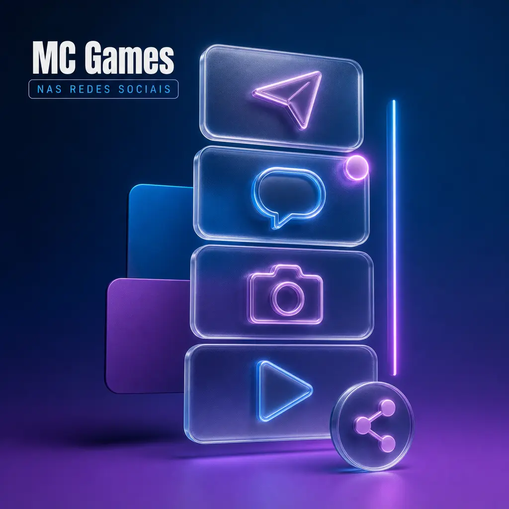 Logotipos do Instagram, Telegram, YouTube e Facebook representando os canais sociais da MC Games