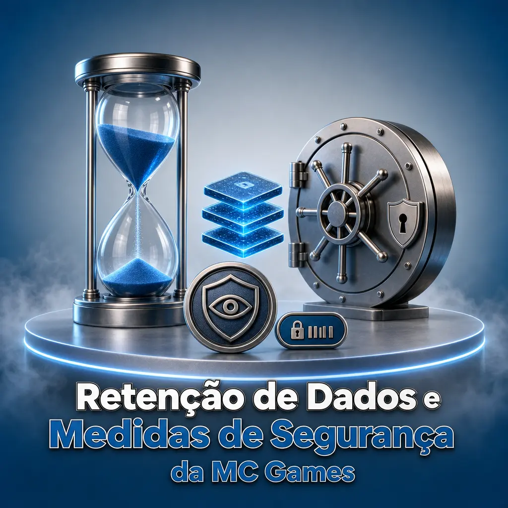 Ilustração sobre retenção de dados e segurança da MC Games, com criptografia, controle de acesso e conformidade regulatória.