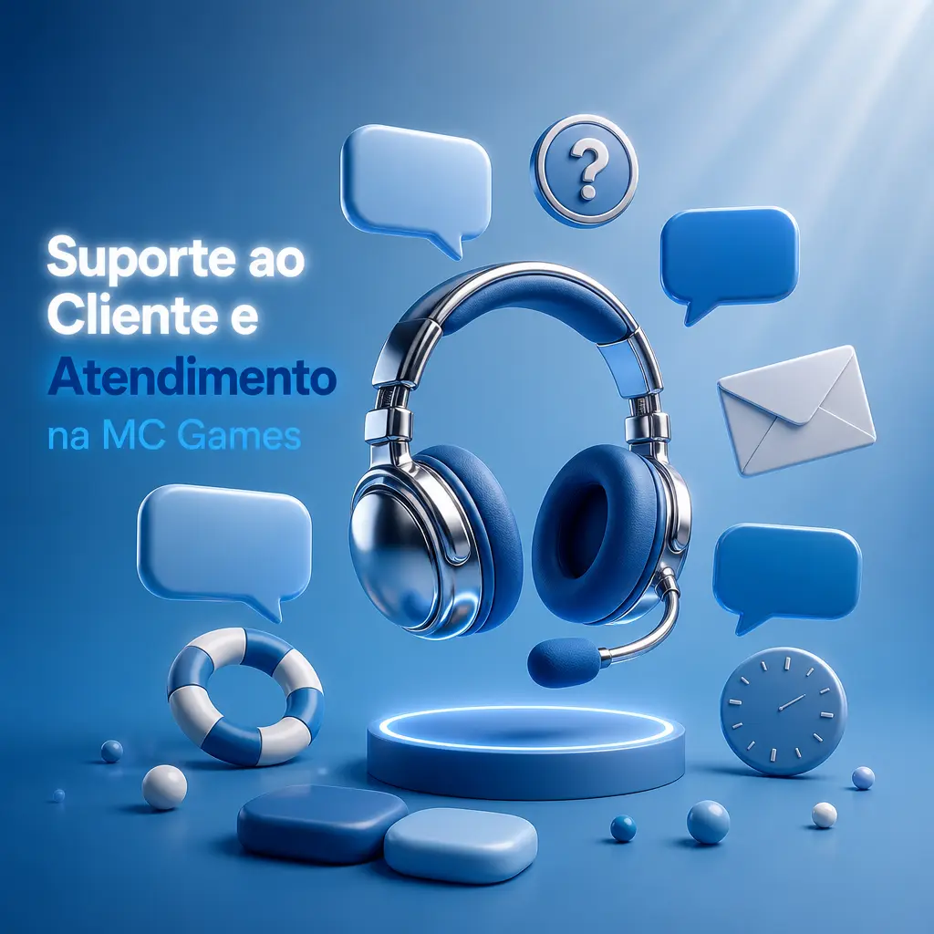 Atendimento ao cliente MC Games com chat 24h, suporte por e-mail, WhatsApp e central de ajuda organizada por categorias.