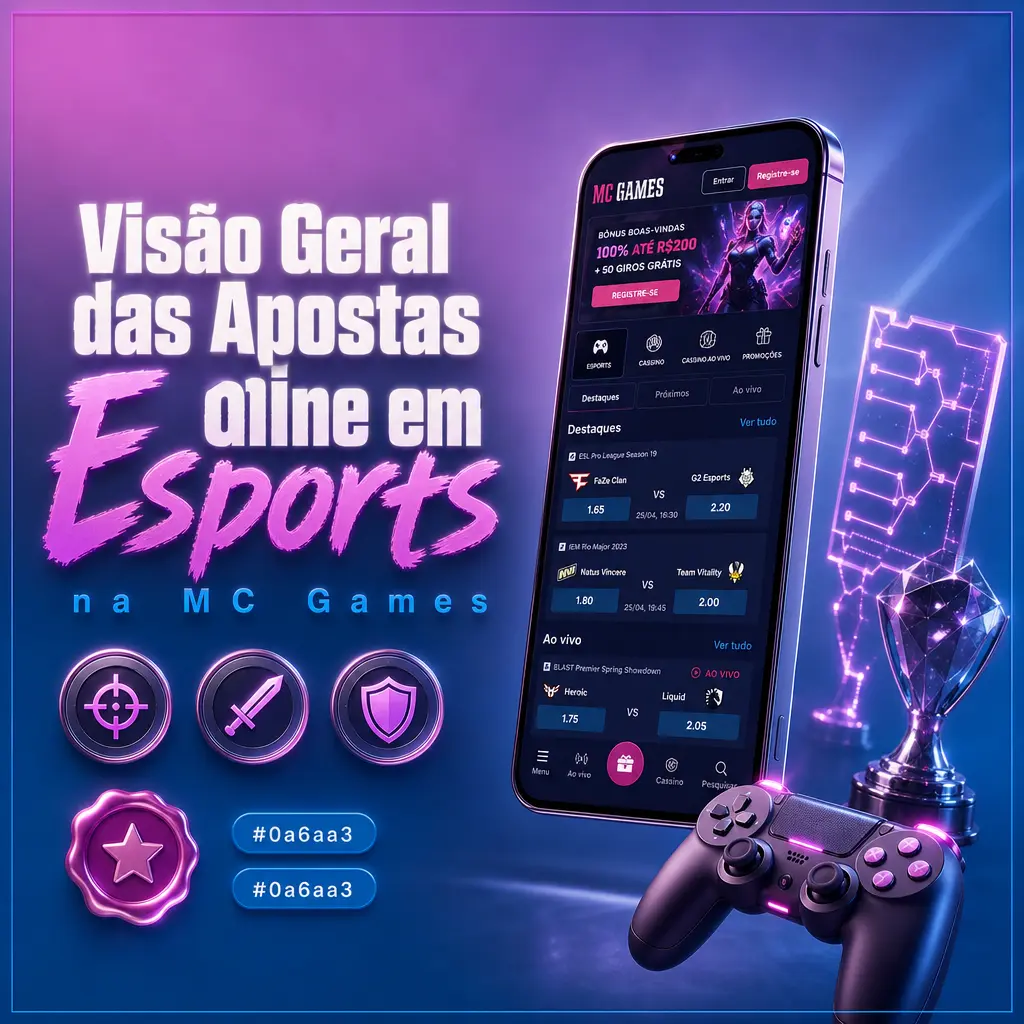 Visão geral das apostas em esports na MC Games: CS2, League of Legends, Dota 2 e Valorant em campeonatos como CBLOL e IEM Katowice.